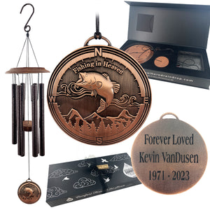 Memorial Rustic "Fishing in Heaven" Custom Copper 34 or 21 inch Wind Chime Gift Set by Weathered Raindrop