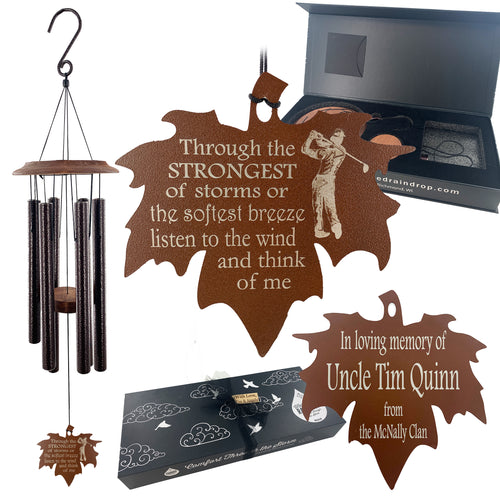 Memorial Golfer Wind Chime Leaf Sympathy Gift in Memory Deep Tone and Personalized by Weathered Raindrop