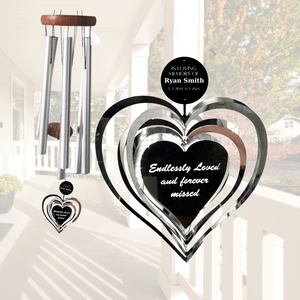 Wind Chime Memorial Gift in Sympathy “Endlessly Loved & Forever Missed" Silver or Black Large Heart Spinner Wind Chime by Weathered Raindrop