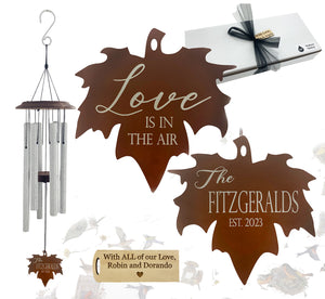 Wedding or Anniversary Custom Wind Chime Gift Set "Love is in the Air" Leaf - Deep Tone and Personalized