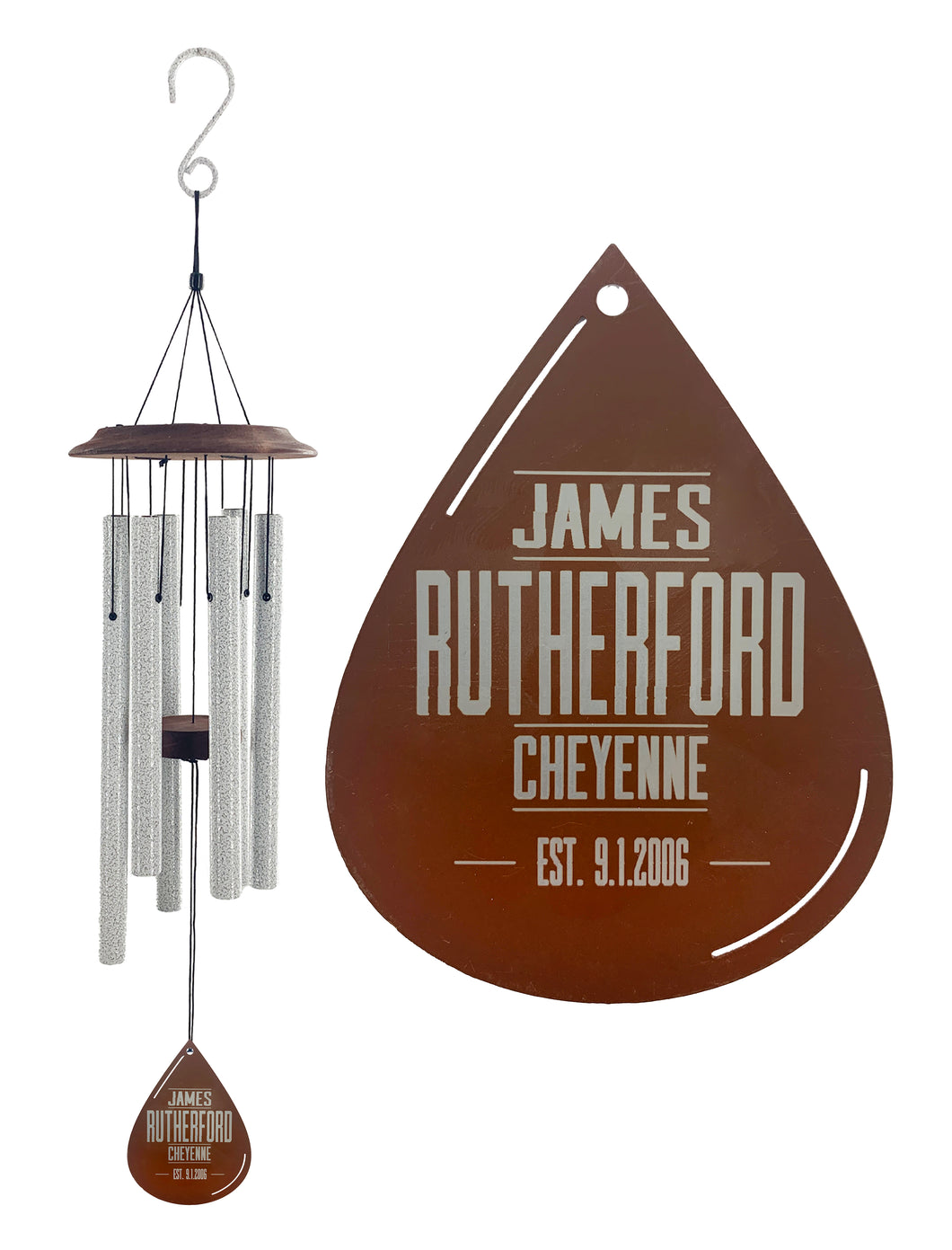 Wedding or Anniversary Custom Wind Chime Gift Set in Silver with Metal Raindrop or Maple Leaf Sail - Deep Tone and Personalized by Weathered Raindrop