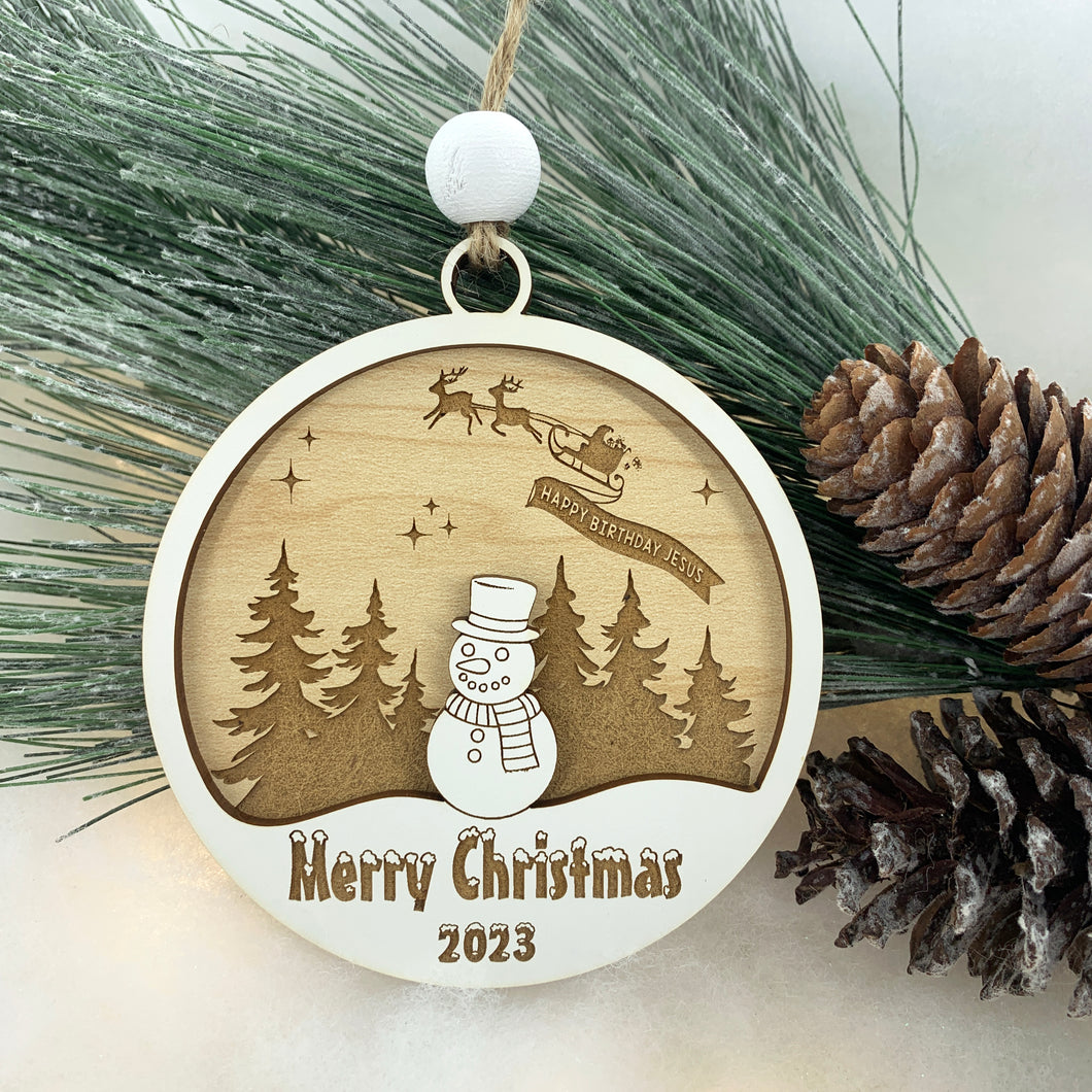 Snowman, Santa's Sleigh, Happy Birthday Jesus Christmas Ornament 2023 Keepsake Christmas Tree Ornaments Exchange Gift