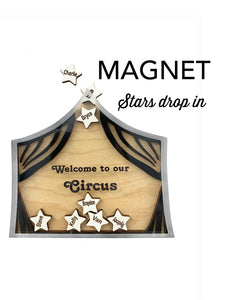 Personalized Circus Magnet Gift for Family with Custom Names on Stars by Weathered Raindrop