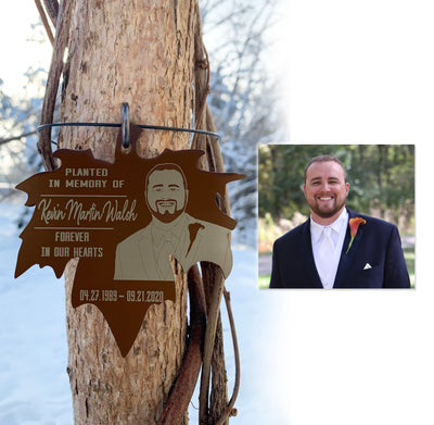 Tree Dedication With Picture Image Plaque Personalized Marker Sign Maple Leaf Metal Adjustable Tree Tag 3 inches in Memory of a Loved One